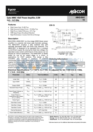 AM42-0041 datasheet - GaAs MMIC VSAT Power Amplifier, 0.5W 14.0 - 14.5 GHz