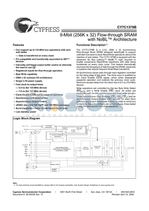CY7C1379B-117BZC datasheet - 9-Mbit (256K x 32) Flow-through SRAM with NoBL Architecture