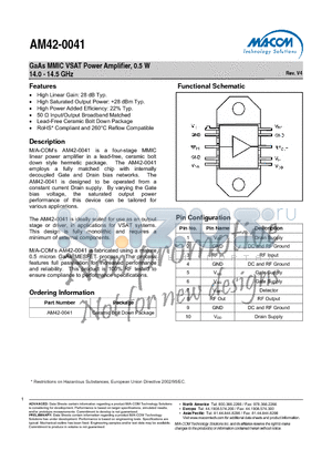 AM42-0041 datasheet - GaAs MMIC VSAT Power Amplifier, 0.5 W 14.0 - 14.5 GHz