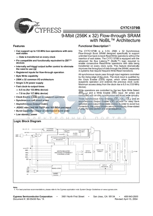 CY7C1379B datasheet - 9-Mbit (256K x 32) Flow-through SRAM with NoBL Architecture