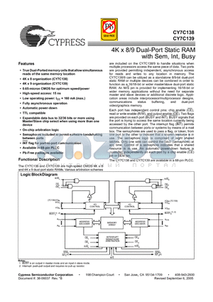 CY7C138-15JXC datasheet - 4K x 8/9 Dual-Port Static RAM with Sem, Int, Busy