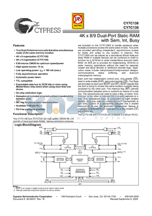 CY7C138-25JI datasheet - 4K x 8/9 Dual-Port Static RAM with Sem, Int, Busy