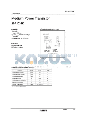 2SA1036KT146 datasheet - Medium Power Transistor