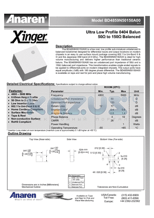 BD4859N50150A00 datasheet - Ultra Low Profile 0404 Balun 50Y to 150Y Balanced