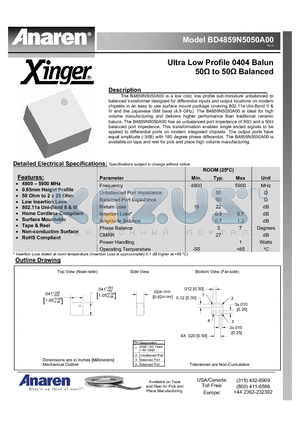 BD4859N5050A00 datasheet - Ultra Low Profile 0404 Balun 50Y to 50Y Balanced