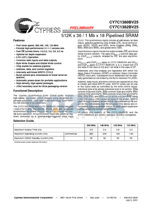 CY7C1380BV25-166BGC datasheet - 512K x 36 / 1 Mb x 18 Pipelined SRAM