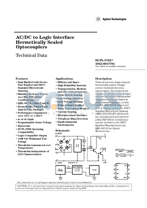 5962-8947702KYA datasheet - AC/DC to Logic Interface Hermetically Sealed Optocouplers