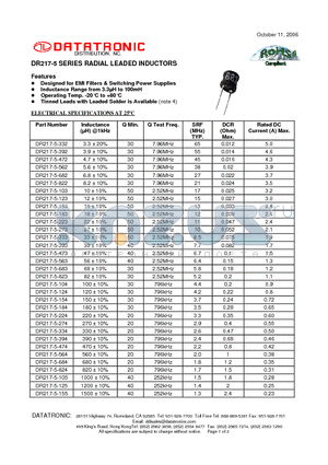 DR217-5-153 datasheet - RADIAL LEADED INDUCTORS