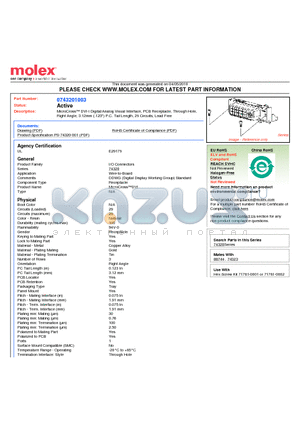 0743201003 datasheet - MicroCross DVI-I Digital/Analog Visual Interface, PCB Receptacle, Through Hole, Right Angle, 3.12mm