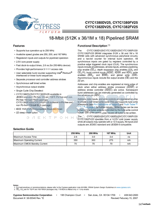 CY7C1380DV25-200BZC datasheet - 18-Mbit (512K x 36/1M x 18) Pipelined SRAM