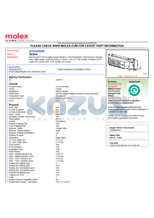 0743204006 datasheet - MicroCross DVI-D Digital Visual Interface, PCB Receptacle, Panel Mount, ThroughHole, Right Angle, Gold (Au) Flash, 2.79mm (.110