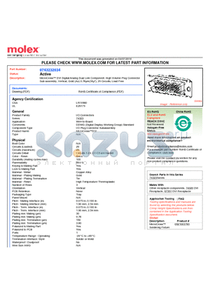 0743232034 datasheet - MicroCross DVI Digital/Analog Dual Link Component, High Volume Plug ConnectorSub-assembly, Vertical, Gold (Au) 0.76lm(30l