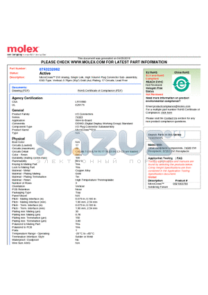 0743232062 datasheet - MicroCross DVI Analog, Single Link, High Volume Plug Connector Sub- assembly, ESD Type, Vertical, 0.76um