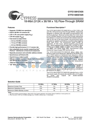 CY7C1381CV25-100BGC datasheet - 18-Mbit (512K x 36/1M x 18) Flow-Through SRAM