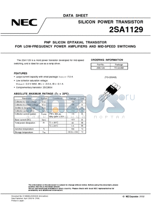 2SA1129 datasheet - PNP SILICON EPITAXIAL TRANSISTOR FOR LOW-FREQUENCY POWER AMPLIFIERS AND MID-SPEED SWITCHING