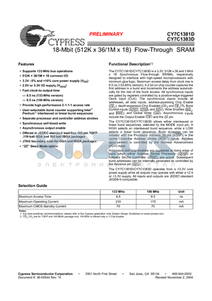 CY7C1381D-100BZXI datasheet - 18-Mbit (512K x 36/1M x 18) Flow-Through SRAM