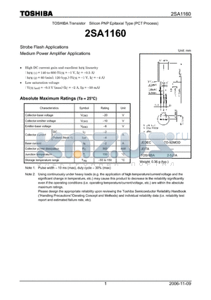 2SA1160 datasheet - Strobe Flash Applications Medium Power Amplifier Applications