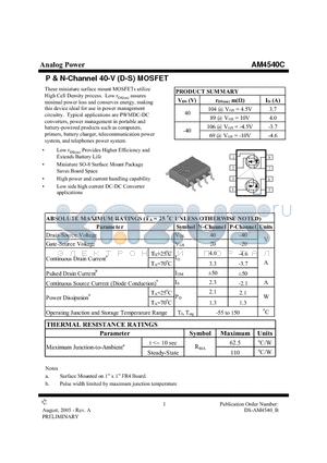 AM4540C datasheet - P & N-Channel 40-V (D-S) MOSFET