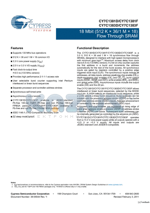 CY7C1381F-133BGC datasheet - 18 Mbit (512 K  36/1 M  18) Flow Through SRAM