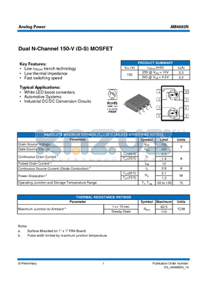 AM4892N datasheet - Dual N-Channel 150-V (D-S) MOSFET