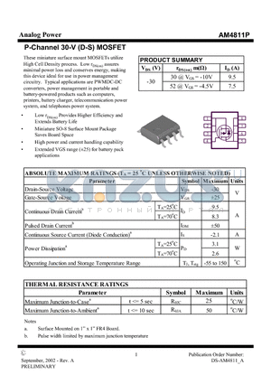 AM4811P datasheet - P-Channel 30-V (D-S) MOSFET