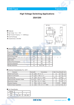 2SA1200 datasheet - High Voltage Switching Applications