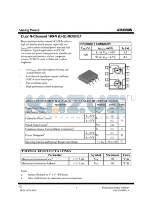 AM4990N datasheet - Dual N-Channel 100-V (D-S) MOSFET