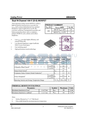 AM4992N datasheet - Dual N-Channel 100-V (D-S) MOSFET
