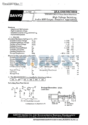 2SA1208 datasheet - High-Voltage Switching, Audio 80W Output Predriver Applications