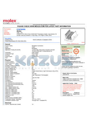 0749790909 datasheet - 2.00mm (.079) Pitch 6-Row VHDM-HSD Backplane Header, Open Module, 36 Circuits, Gold (Au) Selective 1.27lm (50l), Pin Length 5.15mm (.203)