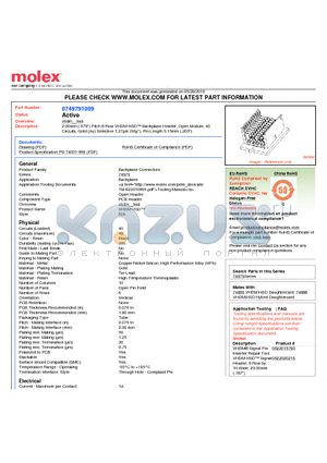 0749791009 datasheet - 2.00mm (.079) Pitch 6-Row VHDM-HSD Backplane Header, Open Module, 40 Circuits, Gold (Au) Selective 1.27lm (50l), Pin Length 5.15mm (.203)