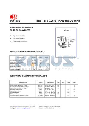 2SA1215 datasheet - PNP PLANAR SILICON TRANSISTOR(AUDIO POWER AMPLIFIER DC TO DC CONVERTER)