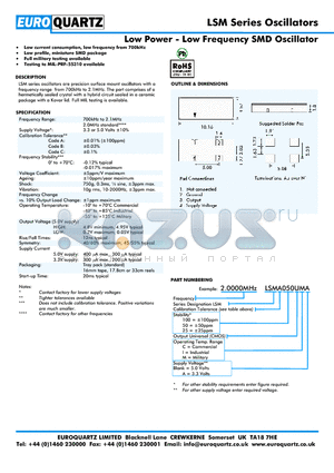 2.0000LSMC025UCA datasheet - Low Power - Low Frequency SMD Oscillator