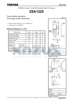 2SA1225 datasheet - Power Amplifier Applications Driver Stage Amplifier Applications