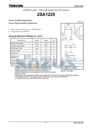 2SA1225 datasheet - Power Amplifier Applications Driver Stage Amplifier Applications