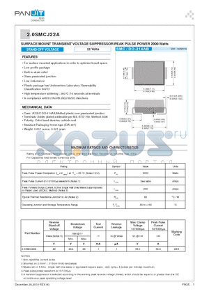 2.0SMCJ22A datasheet - SURFACE MOUNT TRANSIENT VOLTAGE SUPPRESSOR PEAK PULSE POWER