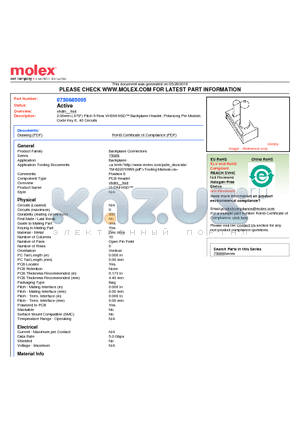 0750885005 datasheet - 2.00mm (.079) Pitch 5-Row VHDM-HSD Backplane Header, Polarizing Pin Module, Code Key E, 40 Circuits