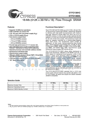 CY7C1383C-117AC datasheet - 18-Mb (512K x 36/1M x 18) Flow-Through SRAM