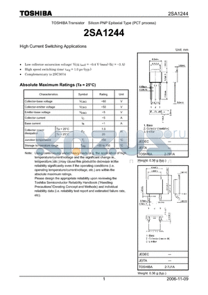 2SA1244 datasheet - High Current Switching Applications