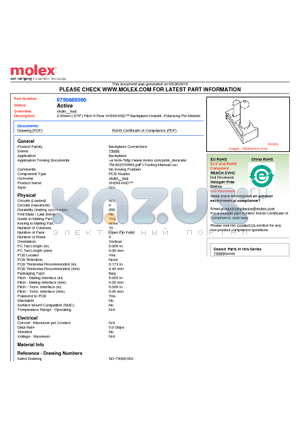 0750885000 datasheet - 2.00mm (.079) Pitch 5-Row VHDM-HSD Backplane Header, Polarizing Pin Module