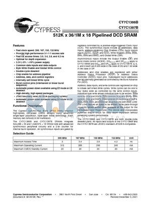 CY7C1386B-150AC datasheet - 512K x 36/1M x 18 Pipelined DCD SRAM