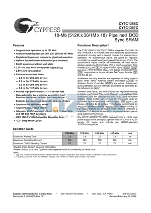 CY7C1386C-167BG datasheet - 18-Mb (512K x 36/1M x 18) Pipelined DCD Sync SRAM