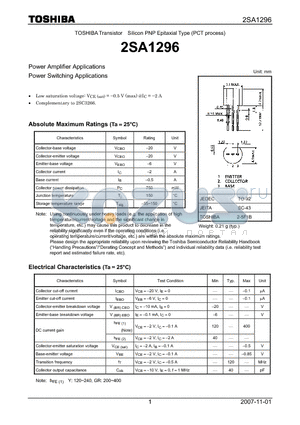 2SA1296 datasheet - Power Amplifier Applications Power Switching Applications