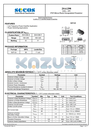 2SA1298 datasheet - PNP Silicon Plastic Encapsulated Transistor