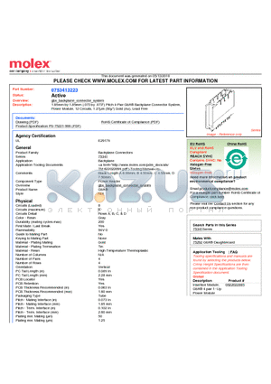 0753413223 datasheet - 1.85mm by 1.85mm (.073 by .073) Pitch 4-Pair GbX^ Backplane Connector System, Power Module, 12 Circuits, 1.27lm (50l) Gold (Au), Lead Free