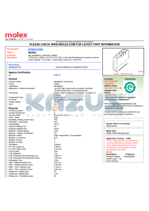 0753413355 datasheet - 1.85mm by 1.85mm (.073 by .073) Pitch 4-Pair GbX^ Backplane Connector System, Power Module, 12 Circuits, 1.27lm (50l) Gold (Au), Lead Free