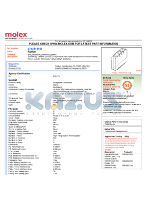 0753414444 datasheet - 1.85mm by 1.85mm (.073 by .073) Pitch 4-Pair GbX^ Backplane Connector System, Power Module, 12 Circuits, 1.27lm (50l) Gold (Au)