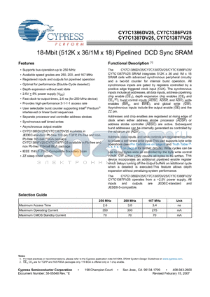 CY7C1386FV25-167BGXC datasheet - 18-Mbit (512K x 36/1M x 18) Pipelined DCD Sync SRAM