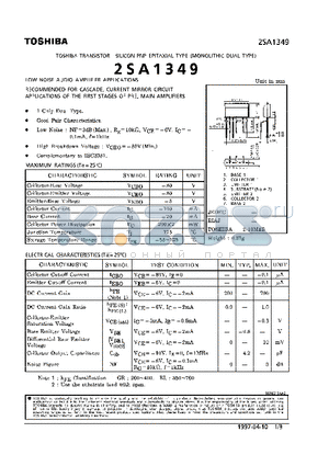 2SA1349 datasheet - TRANSISTOR (LOW NOISE AUDIO AMPLIFIER APPLICATIONS. RECOMMENDED FOR CASCADE, CURRENT MIRROR CIRCUIT APPLICATIONS OF THE FIRST STAGES OF PRE, MAIN AMPL