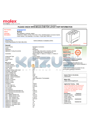 0753427777 datasheet - 1.85mm by 1.85mm (.073 by .073) Pitch 4-Pair, GbX^ Backplane Connector System, Power Module, 2-Up Assembly, 16 Circuits, 1.27lm (50l) Gold (Au)